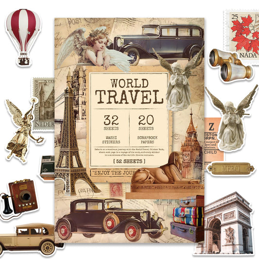 52 Sheets World Travel Stickers & Scrapbook Paper Set - Vintage Travel Themed for Scrapbooking Journaling Junk Journal Planner - Retro Adventure Stickers for DIY Crafts