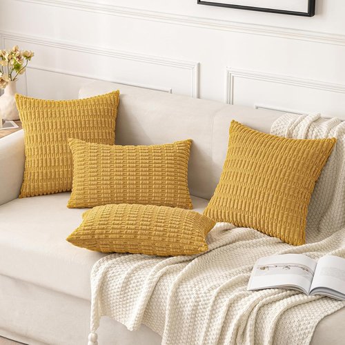 MIULEE Corduroy Throw Pillow Covers - Soft Boho Striped Design | 18x18 Inch Yellow for Modern Farmhouse Decor