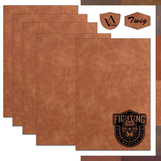 Tan/Black Laserable Leatherette Sheet Laser Engraving Blanks Thick Light Brown Faux Leather Hat Patches Heat Press Iron-on with Heat-Activated Adhesive Backing for Crafts Material Supplies,1.8mm,5-Pcs