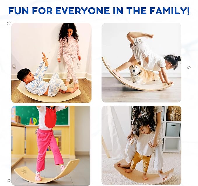 Giggle & Play 36" Wooden Balance Board ??Natural Curvy Wobble Board for Kids, Toddlers & Adults, Montessori Rocker Toy, Yoga Trainer for Office, Home, Classroom Use