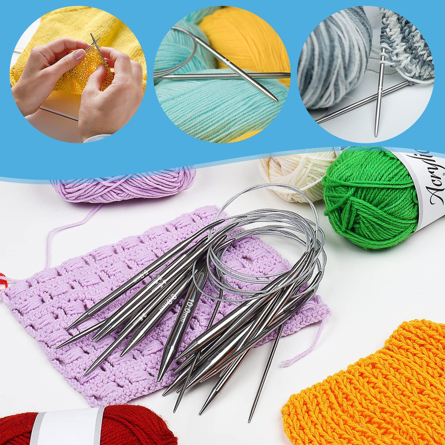 Aeelike Circular Knitting Needles Set, Stainless Steel Knitting Needles Round Knitting Needle Set (100 cm), 9 Pack Long Knitting Needles for Blankets Scarves Sweaters, Great for Beginners