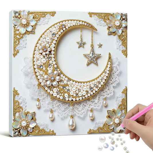 Xylzzuit Pearl Painting Kit with Frame 9.84x9.84IN Colorful DIY Gemstone Pearls Beads Art Craft for Adults Home Desktop Wall Decor (Moon)