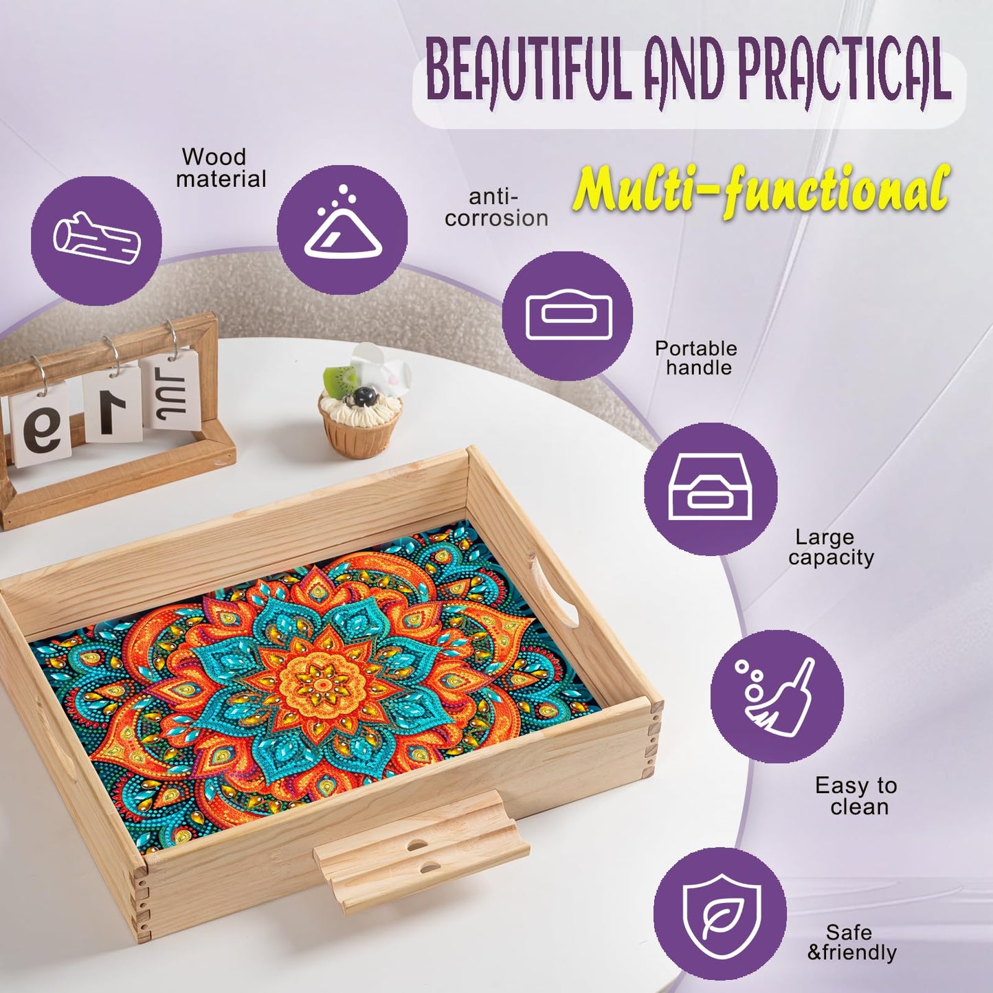 EWJRNSF Diamond Art Kits for Adults Wooden Serving Trays with Handles, 5D Diamond Painting Big Gem Arts and Craft Gifts Trays with Phone Holder Decor Gift Home Decor 12.2x16.1 Inches Mandala