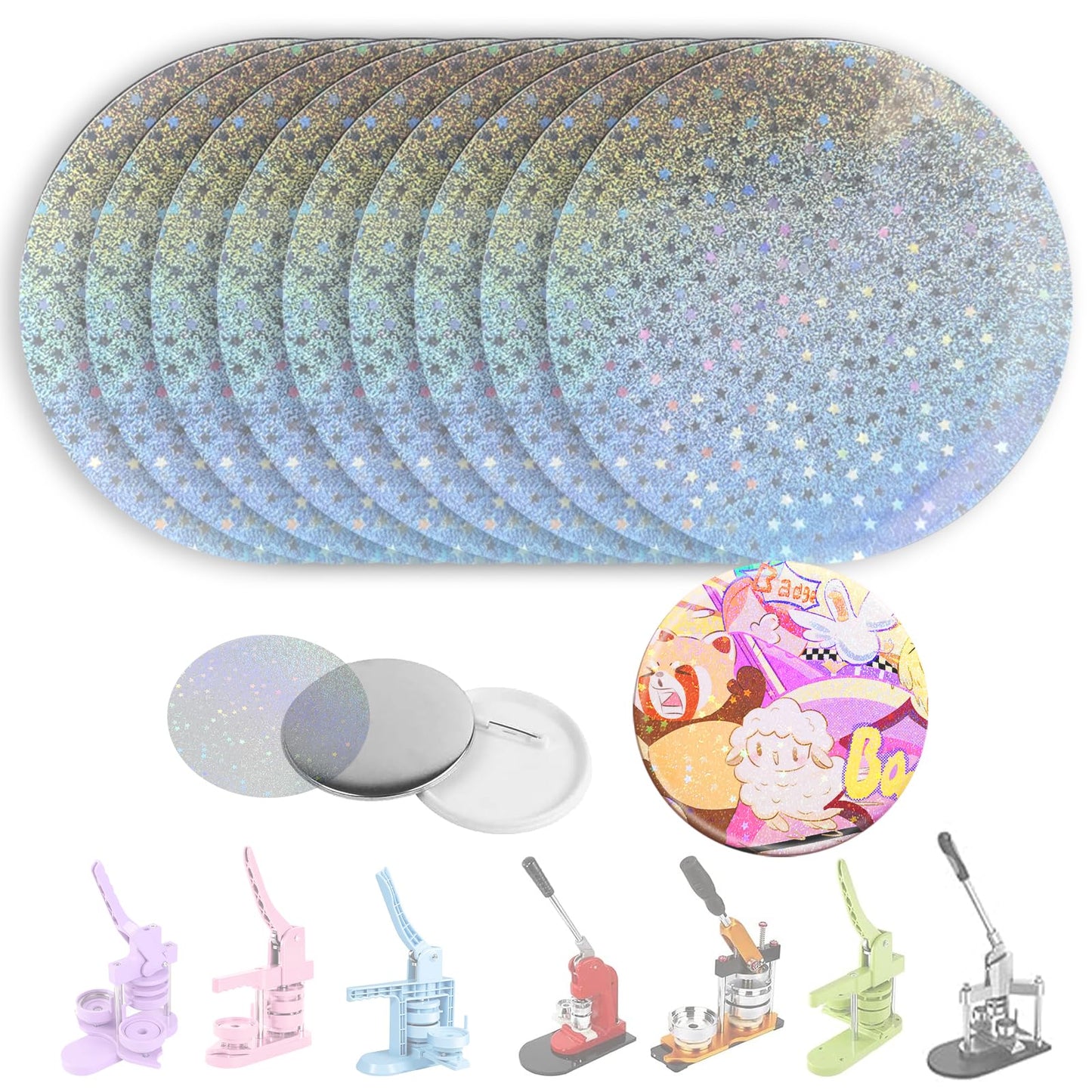 200 PCS Badge Film for Your 58mm / 2.25 in (Approx. 2-1/4 inch) Round Button Maker Machine，8 Different Holographic Button Making Supplies Film (200pcs Sand Star for 2.25inch Badge)