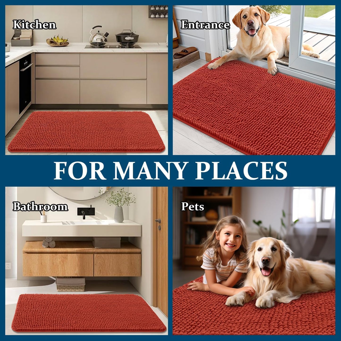 OLANLY Dog Door Mat - Absorbent Non-Slip Chenille Mat for Muddy Paws | 40x32, Quick Dry, Maple Red