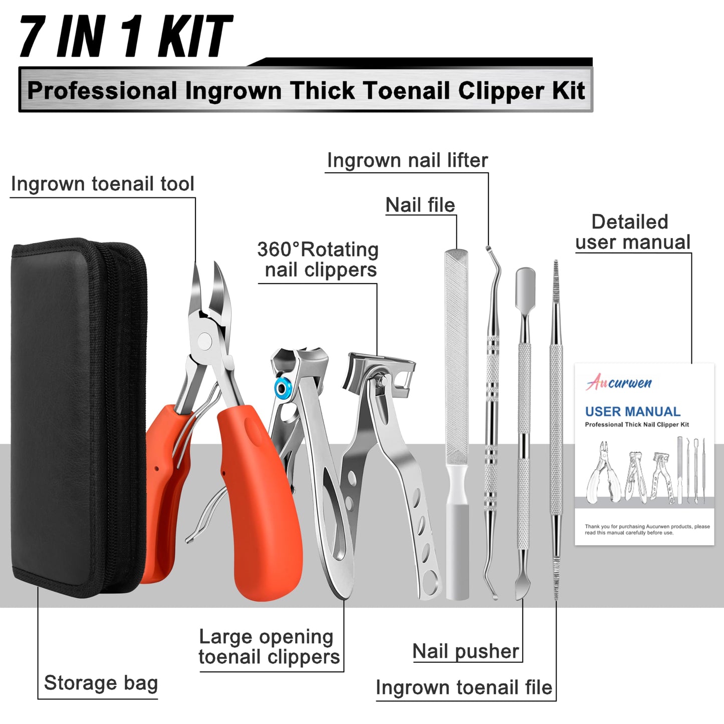 Toenail Clippers for Seniors Thick Toenails, Aucurwen Heavy Duty Toe Nail Clippers Adult Thick Nails Long Handle, Large Toenail Clippers for Thick Nails 7Pcs(Orange)