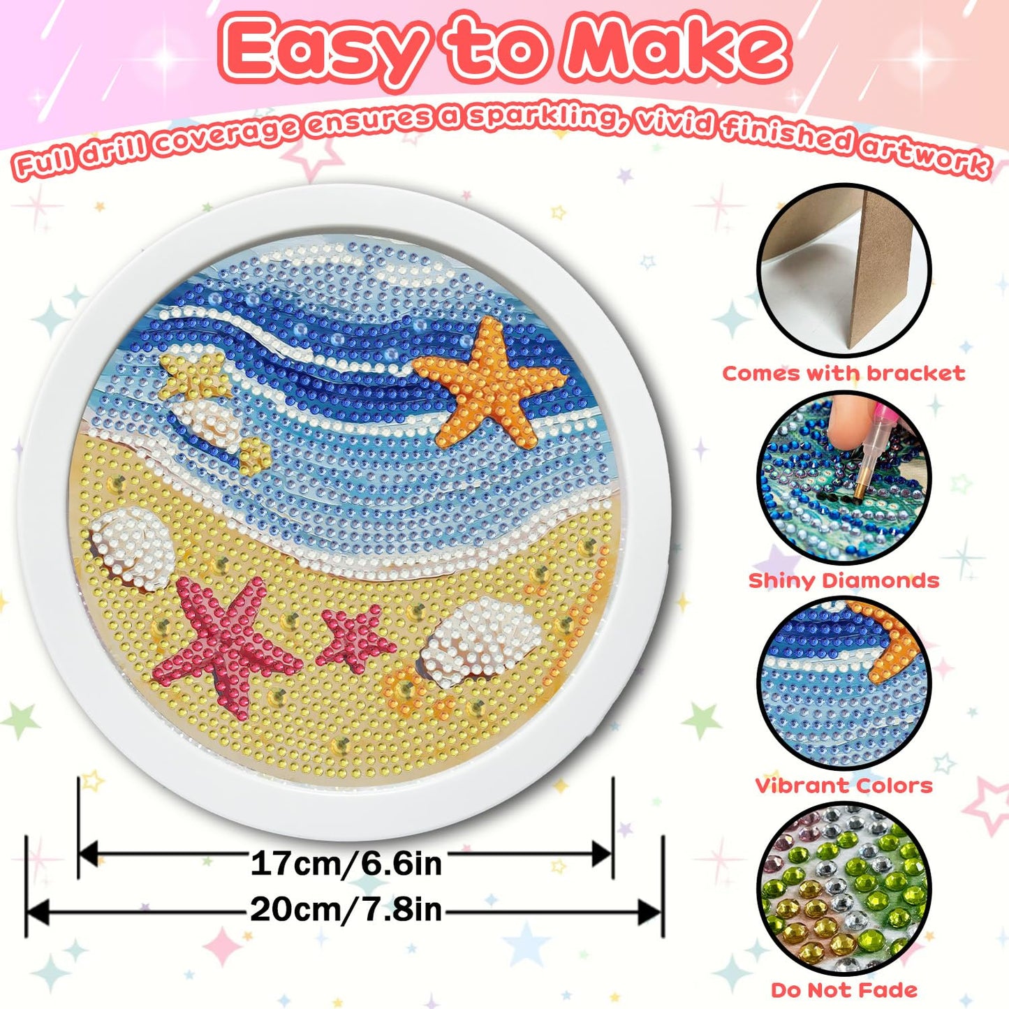Foxonaut Beach Diamond Art for Kids with Frame, Easy Diamond Art Painting Kits Ages 6-8-12, DIY Gem Art for Kids,Art and Crafts for Girls Boys Gift (7x7inch)