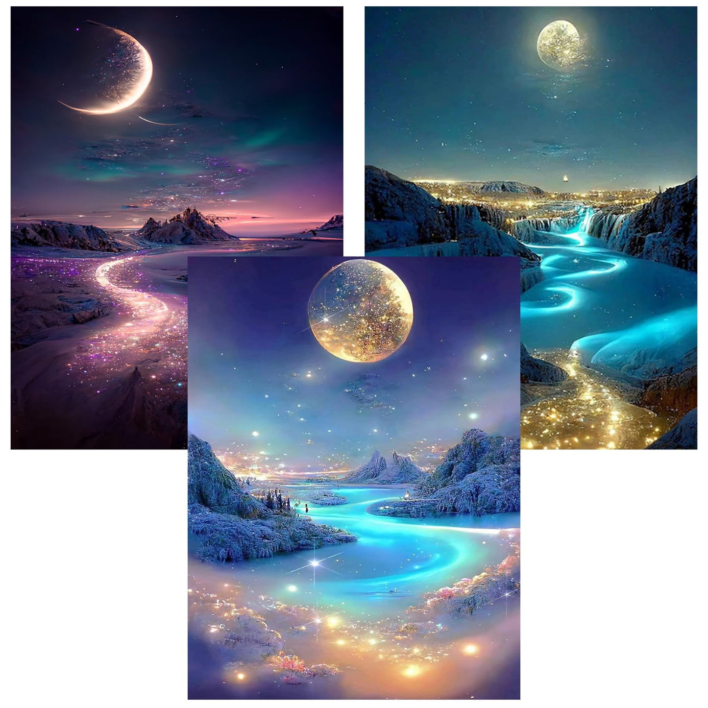 HHMATITS 3 Pack Diamond Art Kits for Adults - Moon Landscape Diamond Art Painting Kits for Adults Beginners, 5D Round Full Drill Paint by Diamonds Gem Art for Home Wall Decor Gifts 12x16Inch