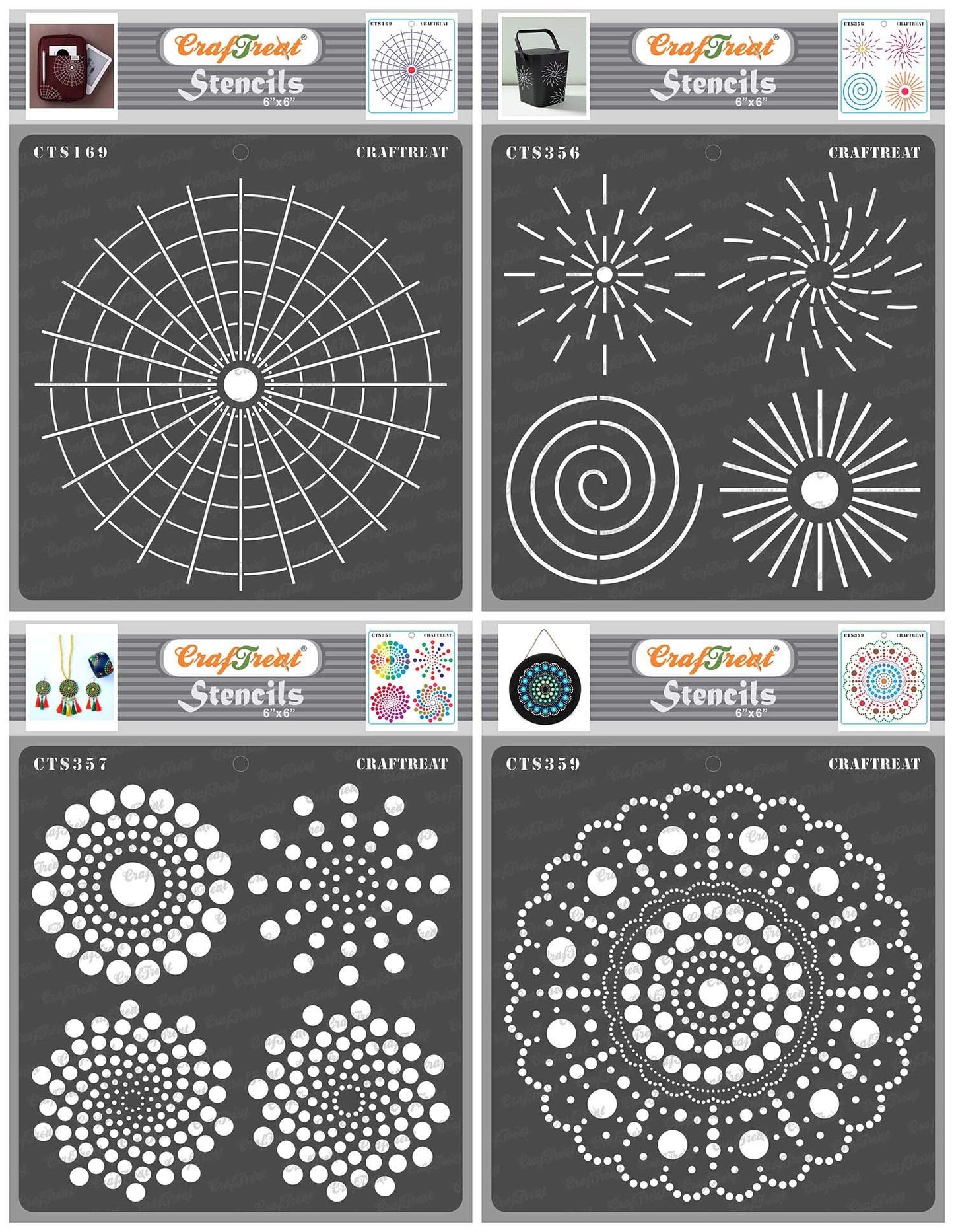CrafTreat Reusable Dot Mandala Stencils for Painting on Wood, Canvas, Paper, Floor, Wall and Tile - Dot Mandala Basics, Outlines, Round and Radar - 4 Pcs - 6x6 Inches Each - DIY Craft Stencils