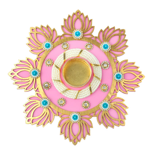 Aditri Creation Decorative MDF Lotus Rangoli with T-Light Candle Holder Stand for Indian Cultural Festival Gifts Made up of Golden Embroideries New Year Gifting Idea Home Decor(Size:-8")(Light Pink)