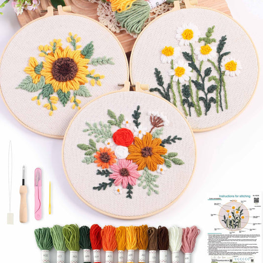 REEWISLY Punch Needle Embroidery Starter Kits for Beginners Flower and Grass Patterns.3Ps Embroidery Hoops,Color Threads,Instructions and Needles,DIY Adults Embroidery, Video Teaching