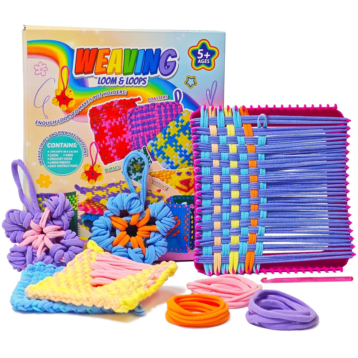 ZJEFUNS Weaving Loom Kit Toys for Kids and Adults DIY Arts and Crafts for Girls Ages 5 6 7 8 9 10 12, Pot Holder Loom Knitting Kits Includes 8 Color Craft Loops for Beginners