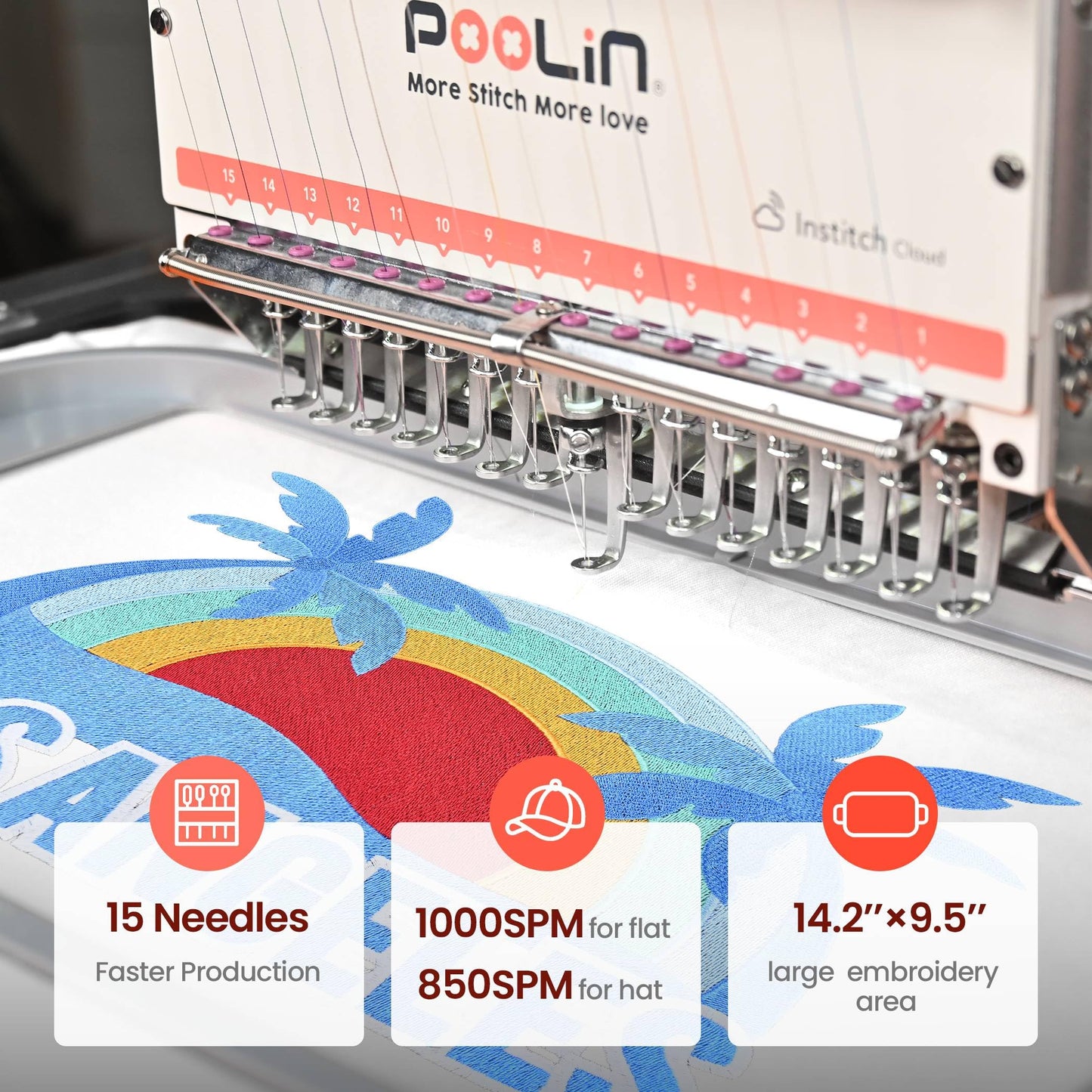 Poolin EOM 15-Needle Embroidery Machine + 20 Matte Threads – Premium Non-Shiny Finish for Hats, Apparel & Logo Embroidery, 14.2"x9.5"
