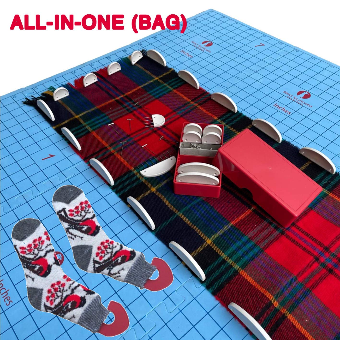 Red Suricata Knit Blocking Bundle – Extra Thick Blocking Mats for Knitting & Curved Knit Blocking Comb Set & Adjustable Sock Blockers - All in one Combined Storage Bag (Inches Grid)