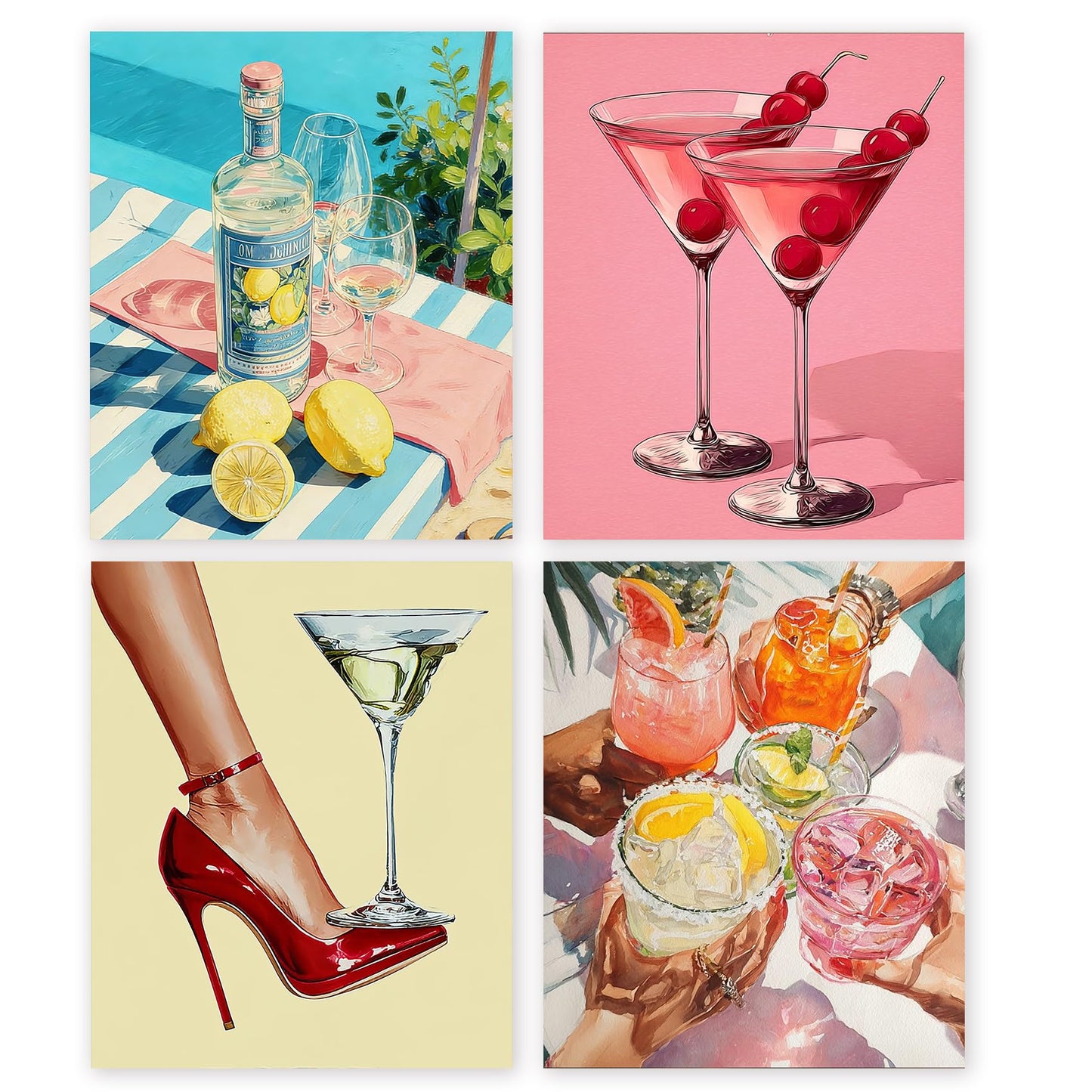 Qykwz 4 Pcs Trendy Cocktail Party Diamond Painting Kits for Adults, Retro High Heels Vibrant Summer Cocktail Diamond Art Kits, DIY Full Drill Gem Art Kit for Home Wall Decor, 9.8x11.8 Inch