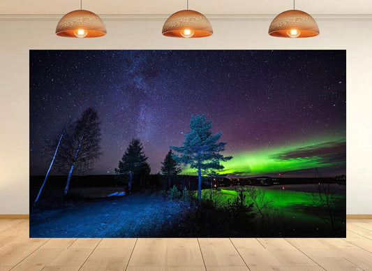 UPXIO 10x8ft Northern Lights Over Lake Backdrop Green Aurora Borealis and Starry Nordic Night Sky Photo Background
