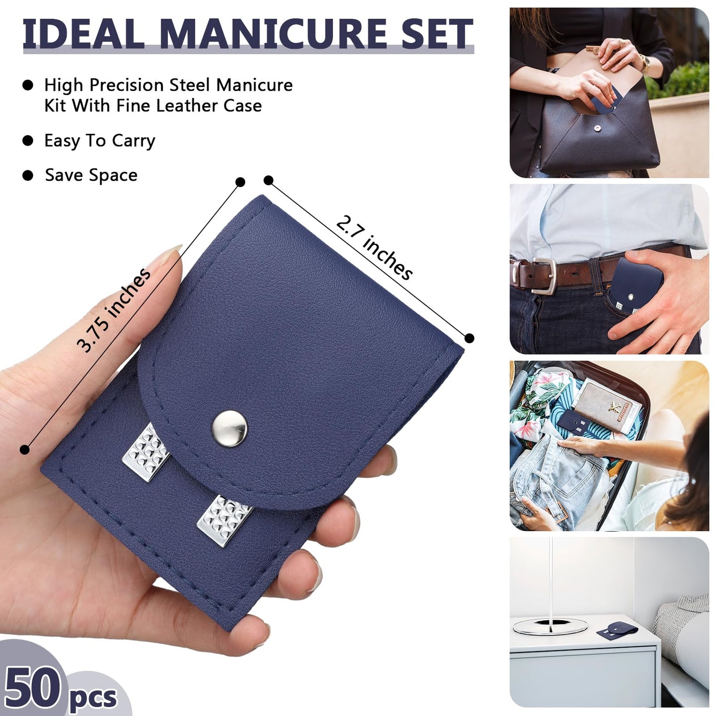 Geosar 50 Set Travel Manicure Kit Bulk Professional Nail Clippers Pedicure Nail Care Tools Grooming Stainless Steel Set with Portable Travel Case, Gift for Christmas Men Women(Navy Blue)