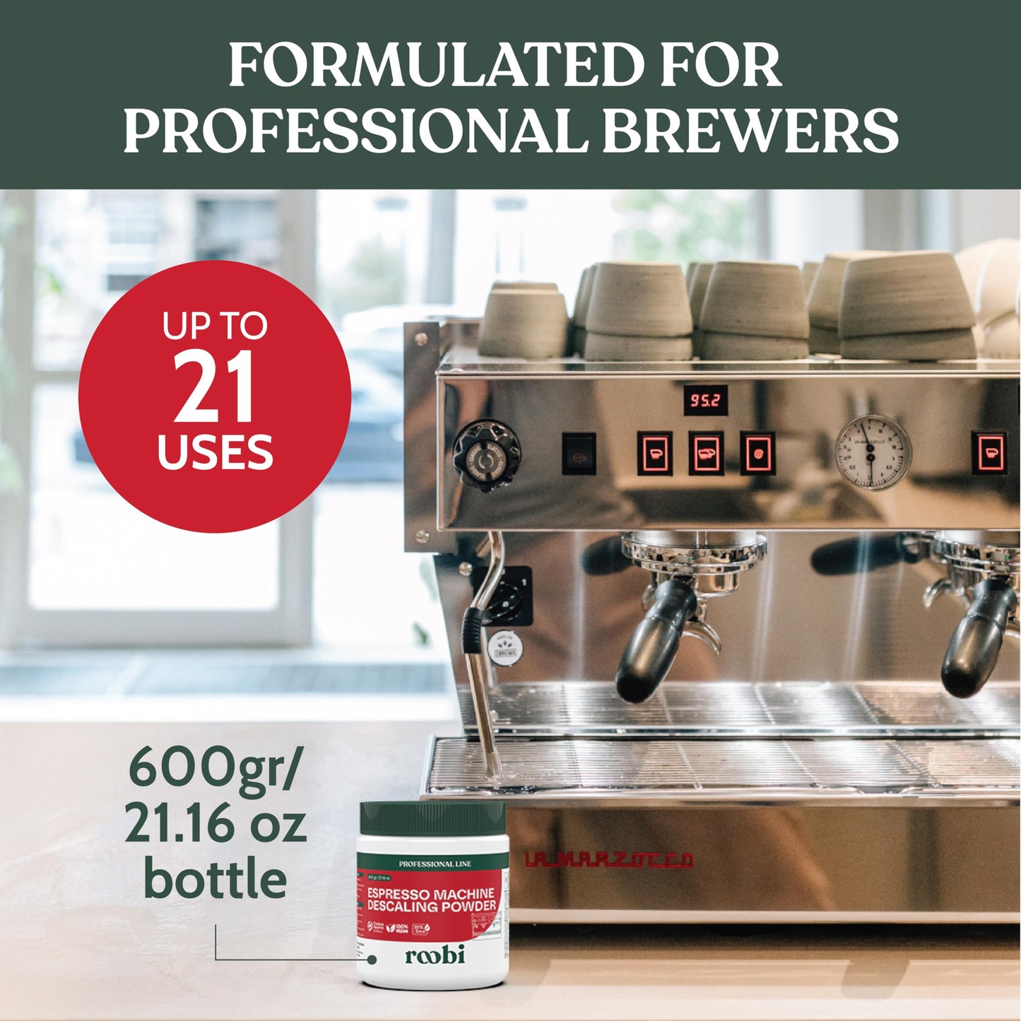 Roobi Professional Espresso Machine Descaling Powder. Carbon Neutral Espresso Descaler Powder. Up to 21 uses, 600gr.