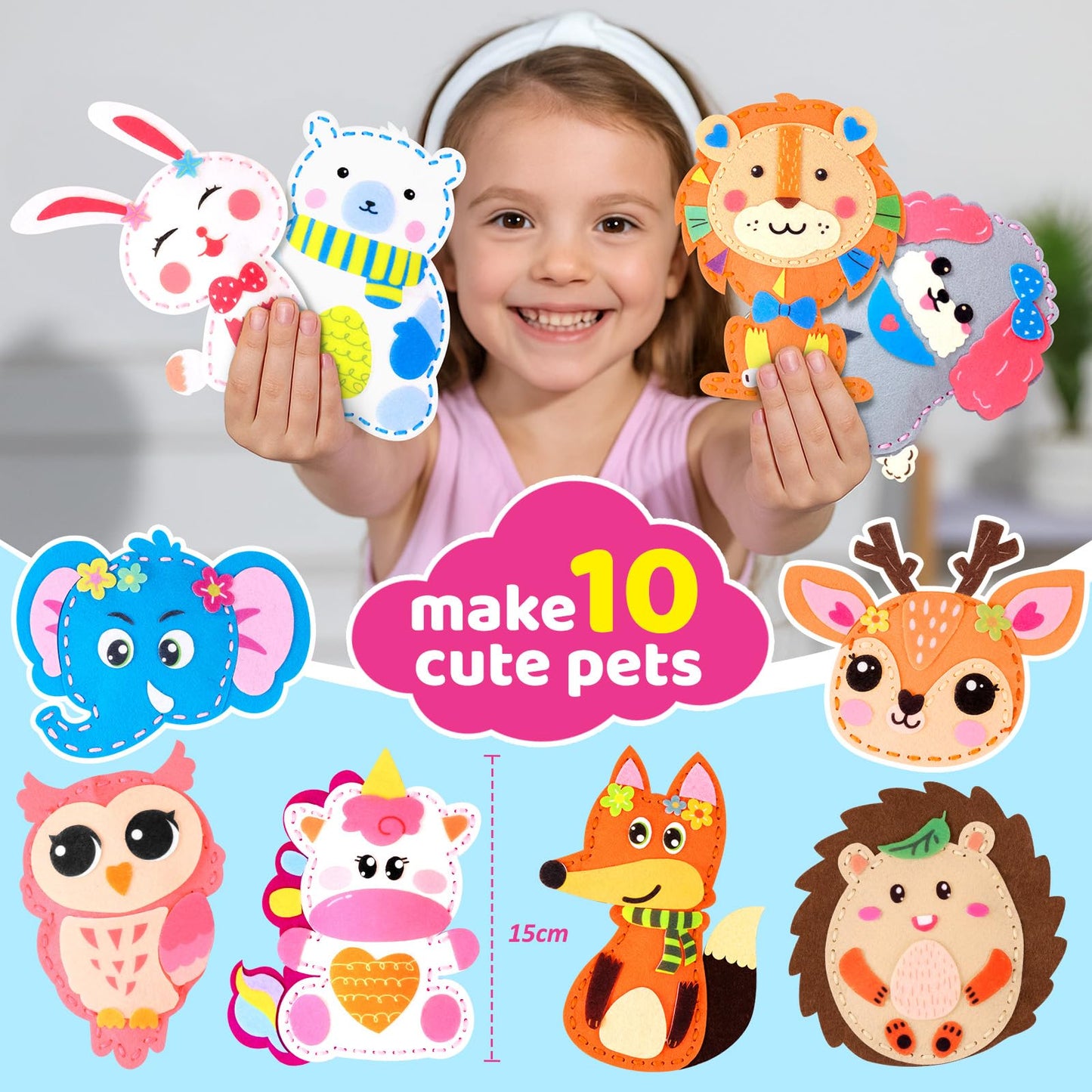 Funtopia Sewing Kit for Kids, 10 Easy DIY Projects of Stuffed Animal with Guiding Book, Beginners Sewing Toys and Birthday Gift for Girls Boys, Felt Arts and Crafts for Kids Ages 5-8 8-12