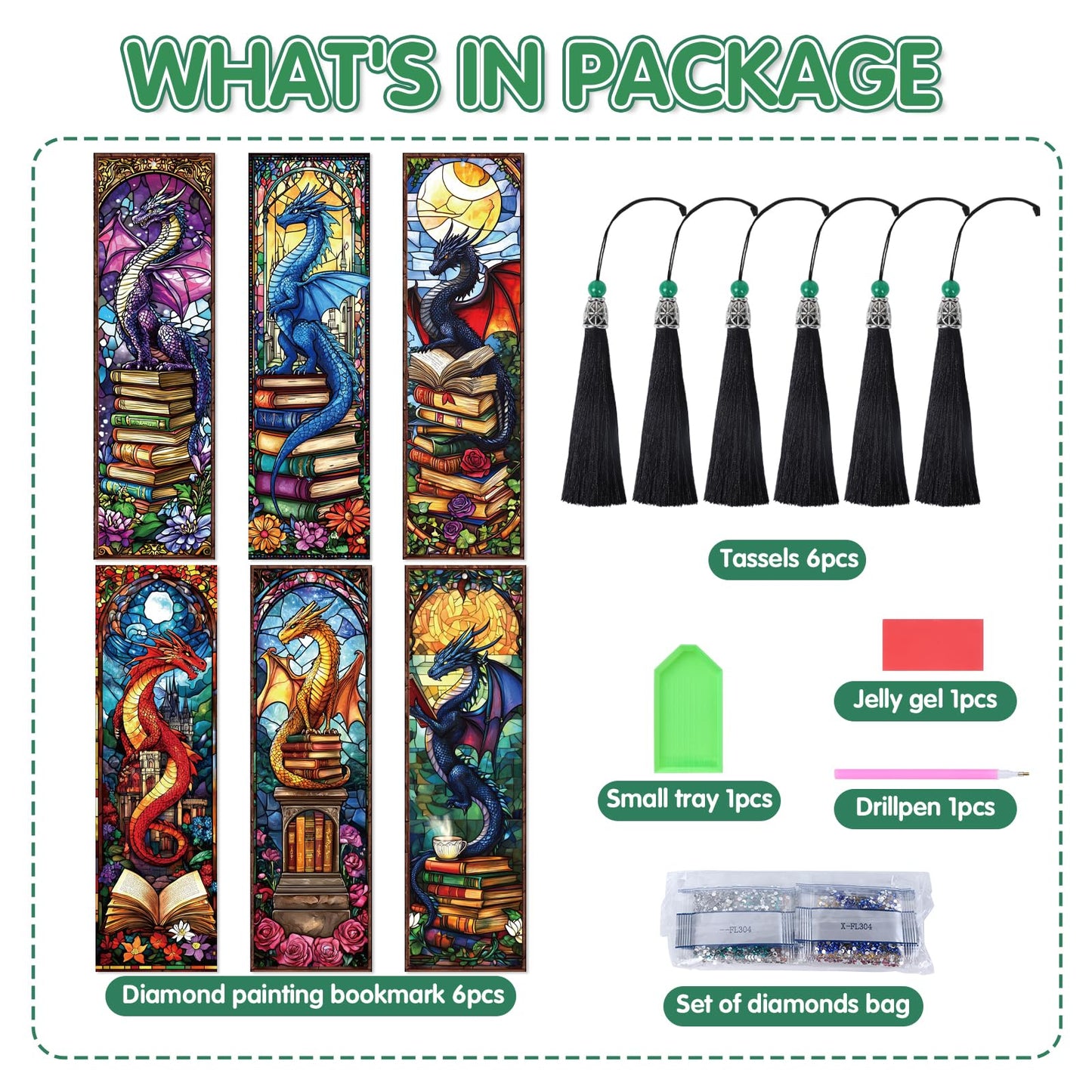 Dragon Diamond Art Bookmarks Kit - 6 Pcs Stained Glass Window Dragon Bookstacks Diamond Painting Bookmarks for Adults, Gem Art DIY Crafts Kit for Beginners Book Lover Gifts