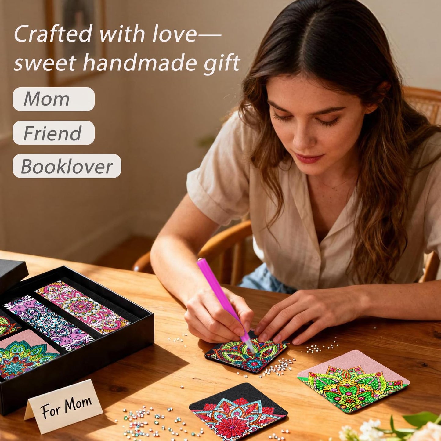 8 PC Diamond Art Corner Bookmarks Leather Bookmark Kit for Adults Paint by Dots Bookmarkers Craft DIY Gem Small Dotz Mother’s Day Gifts for Mom, Christmas Gifts for Women, Mandala Flower Black Lotus