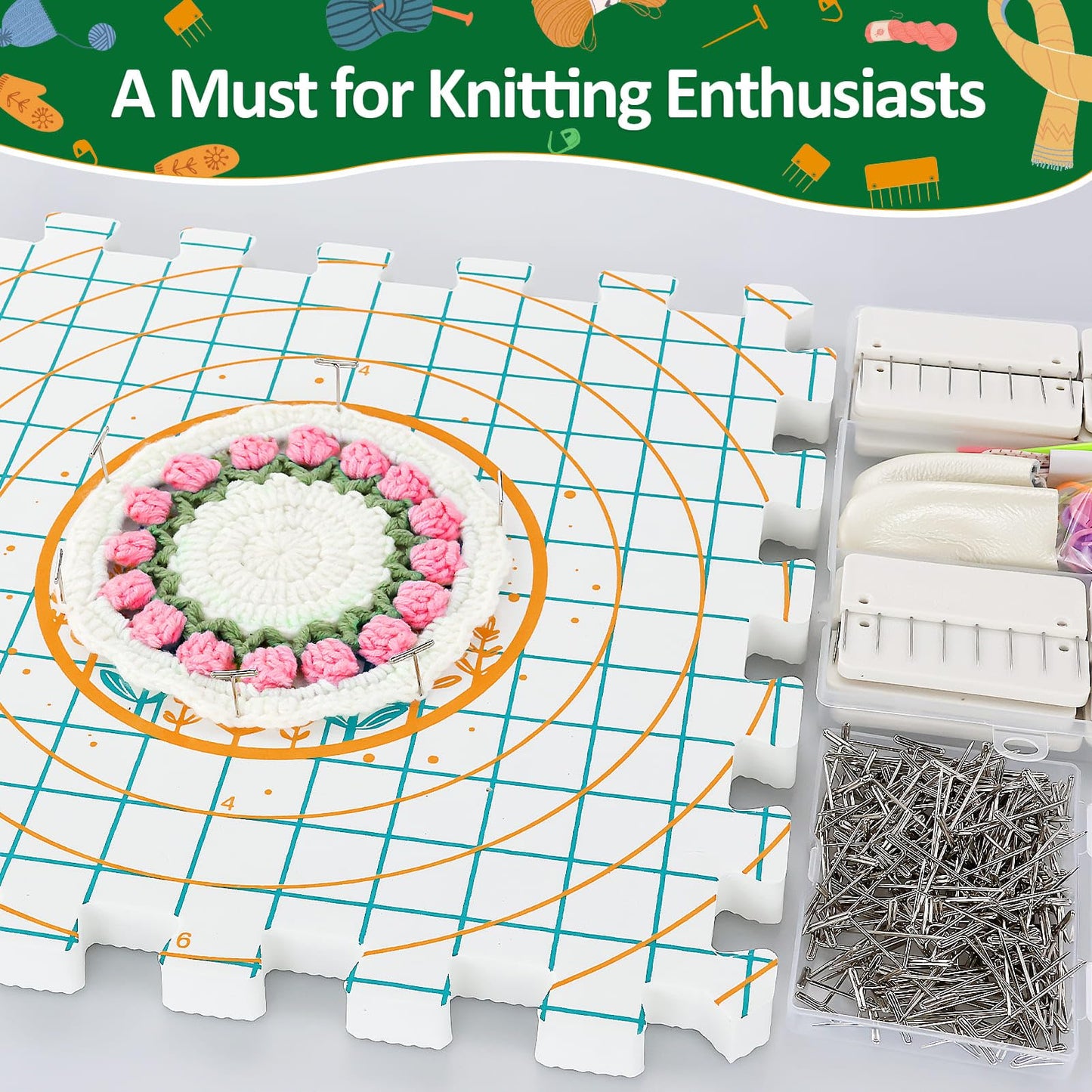 9 Pcs Blocking Mats for Knitting, Extra Thick Blocking Boards with Grids, with 200 T-Pins and 24PCS Knitting Blockers, for Needlepoint or Crochet