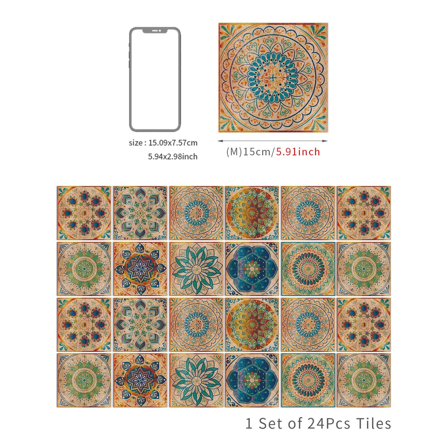 24 Pcs Mandala Style Tile Stickers, Peel and Stick Backsplash Tile Decals for Kitchen Bathroom Wall Furniture (Yellow, 6x6in)