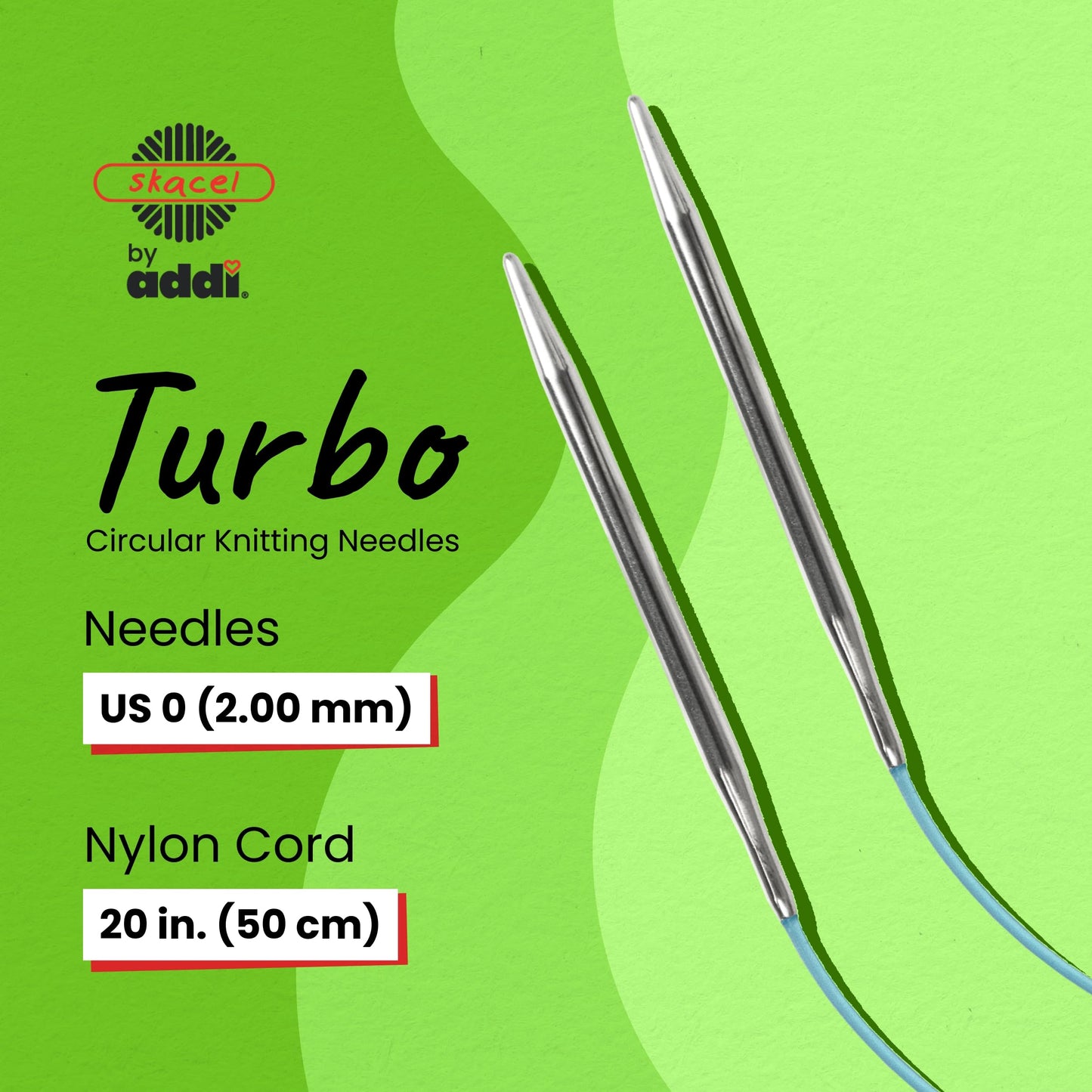 skacel by addi Turbo Circular Knitting Needles, Fixed 20 Inch (50 cm) Plated Brass Tips with Flexible Nylon Cord, 2 mm (US Size 0)