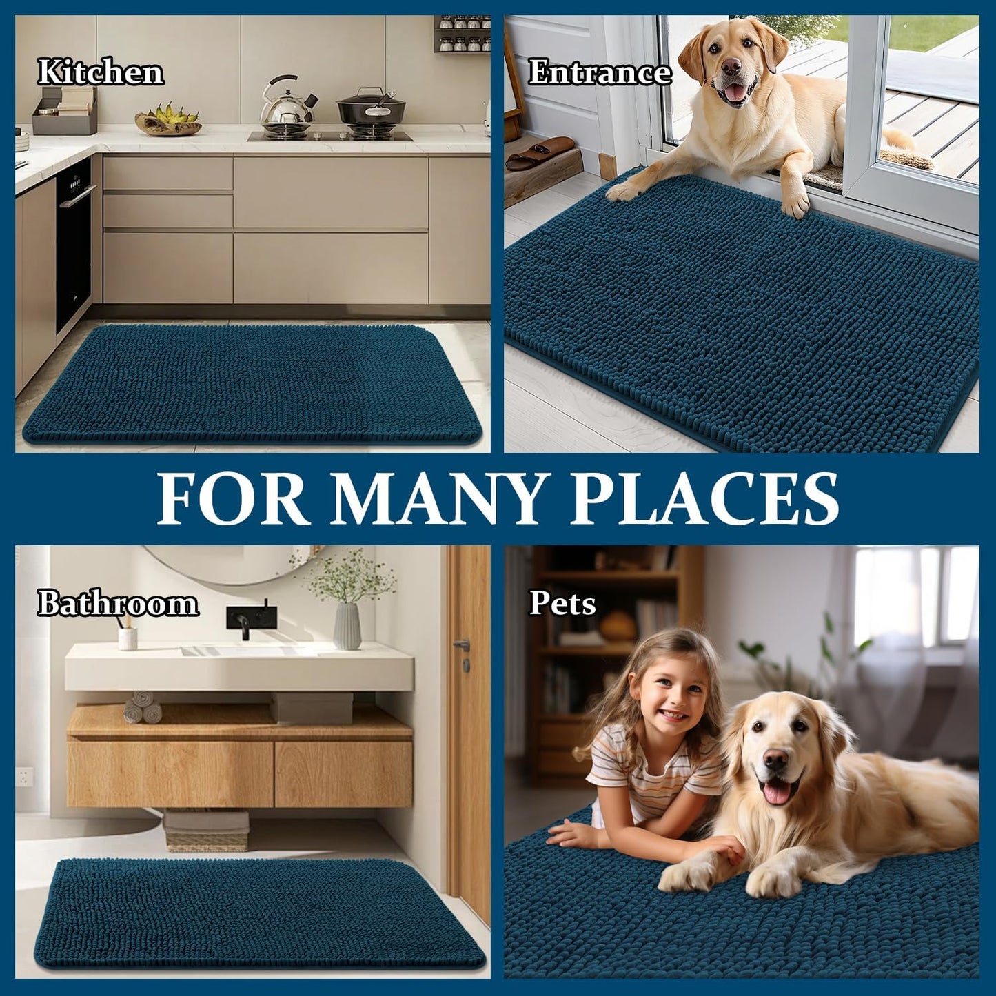 OLANLY Dog Door Mat - Absorbent Non-Slip Washable Doormat for Muddy Paws | 70x32, Atlantic Blue