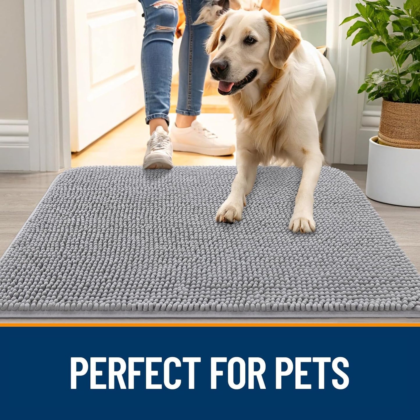 OLANLY Dog Door Mat - Absorbent Non-Slip Chenille Mat for Muddy Paws | Quick Dry, 44x32, Light Grey