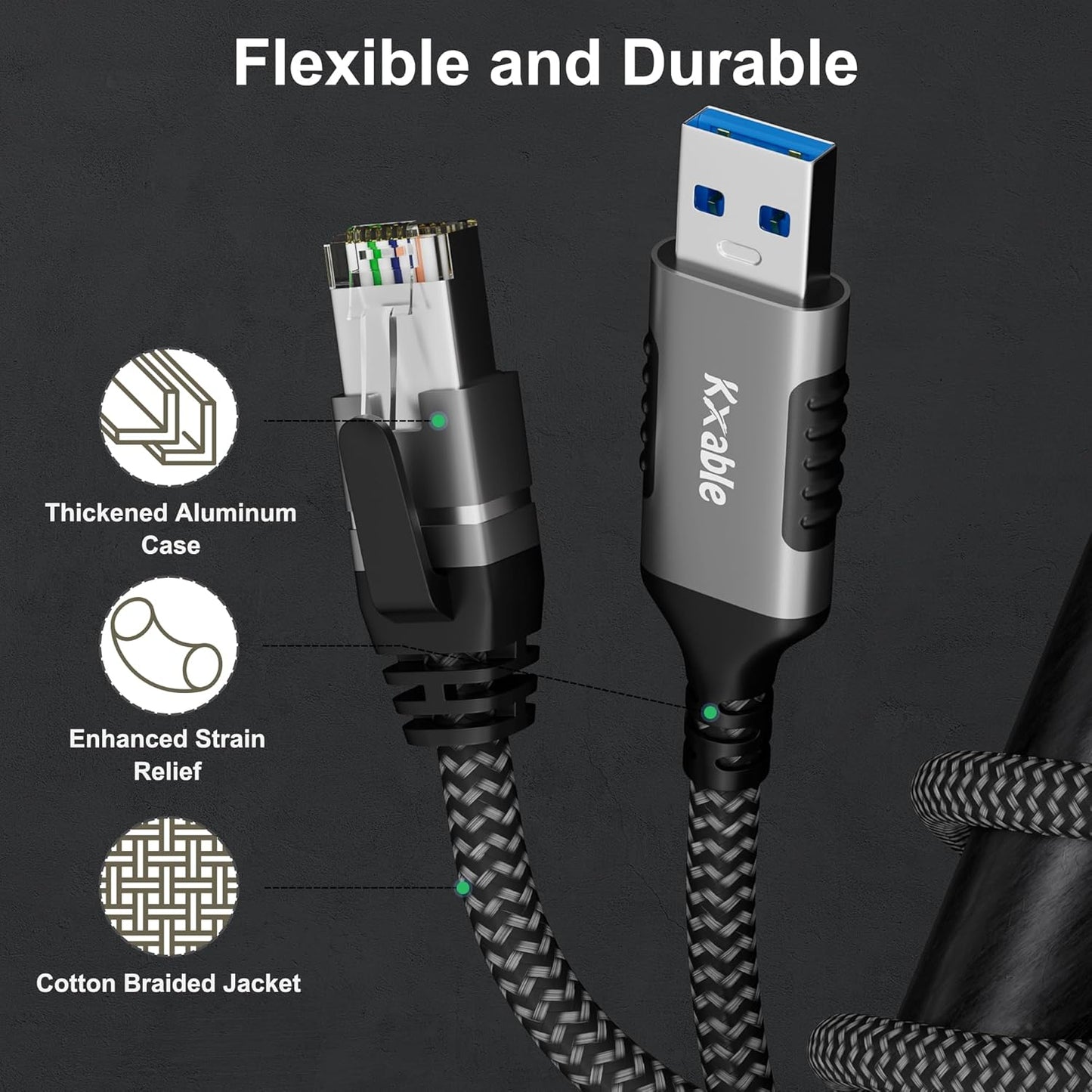 25 3.0 RJ45 5 USB to Ethernet Cable FT, USB A Male to Male Cord, Directly Connected, Aluminum Portable Gigabit LAN
