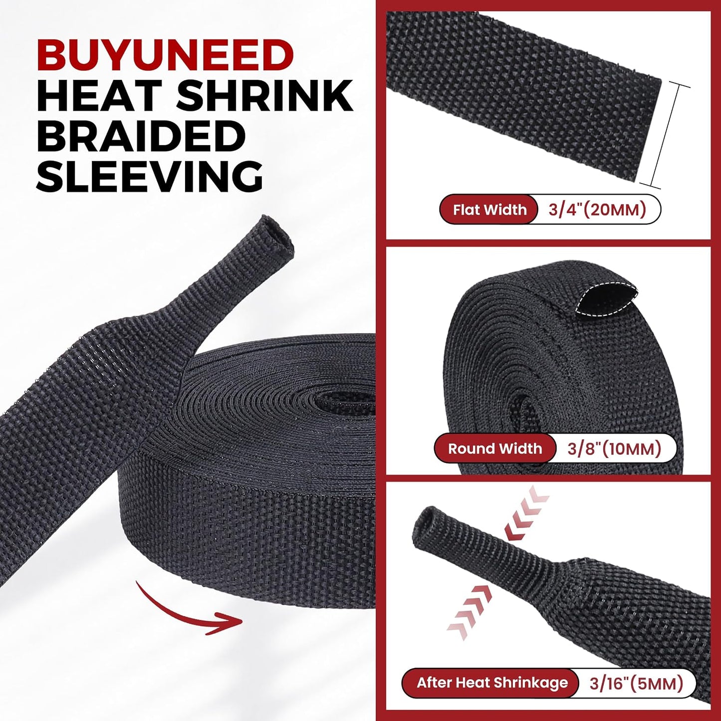 BuyUneed 2:1 (3/8" 30ft) Heat Shrink Fabric Tubing Braided Sleeving - Abrasion Protection Flexibility Wiring Harness