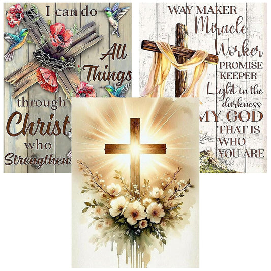 mrpwnle 3 Pack Religious Cross Diamond Art Kits for Adults, Jesus Christ Cross Diamond Painting Kit for Adults Beginners, DIY Full Drill Gem Art Crafts Kit Home Wall Decor Gifts 11.8x15.7 inch