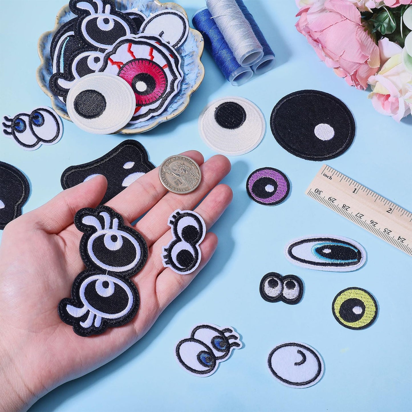 FREEBLOSS 36Pcs Eyes Patch Embroidery Cartoon Eyes Iron On Patches 18 Styles Embroidered Patches Applique Costume Accessories for Clothes