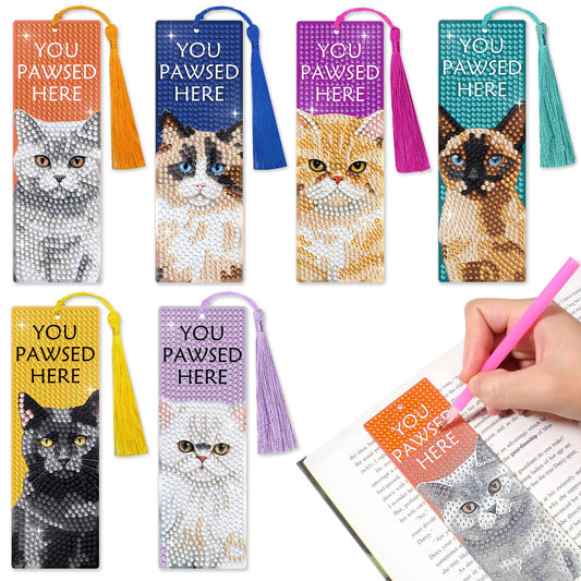 6 PCS Diamond Art Kits Bookmarks Cat Diamond Painting Bookmark, 5D DIY Book Marks Dimond Art Paintings Gem Art, Acrylic Bookmarks with Tassels,Arts and Crafts for Adults Reading Gifts for Book Lovers