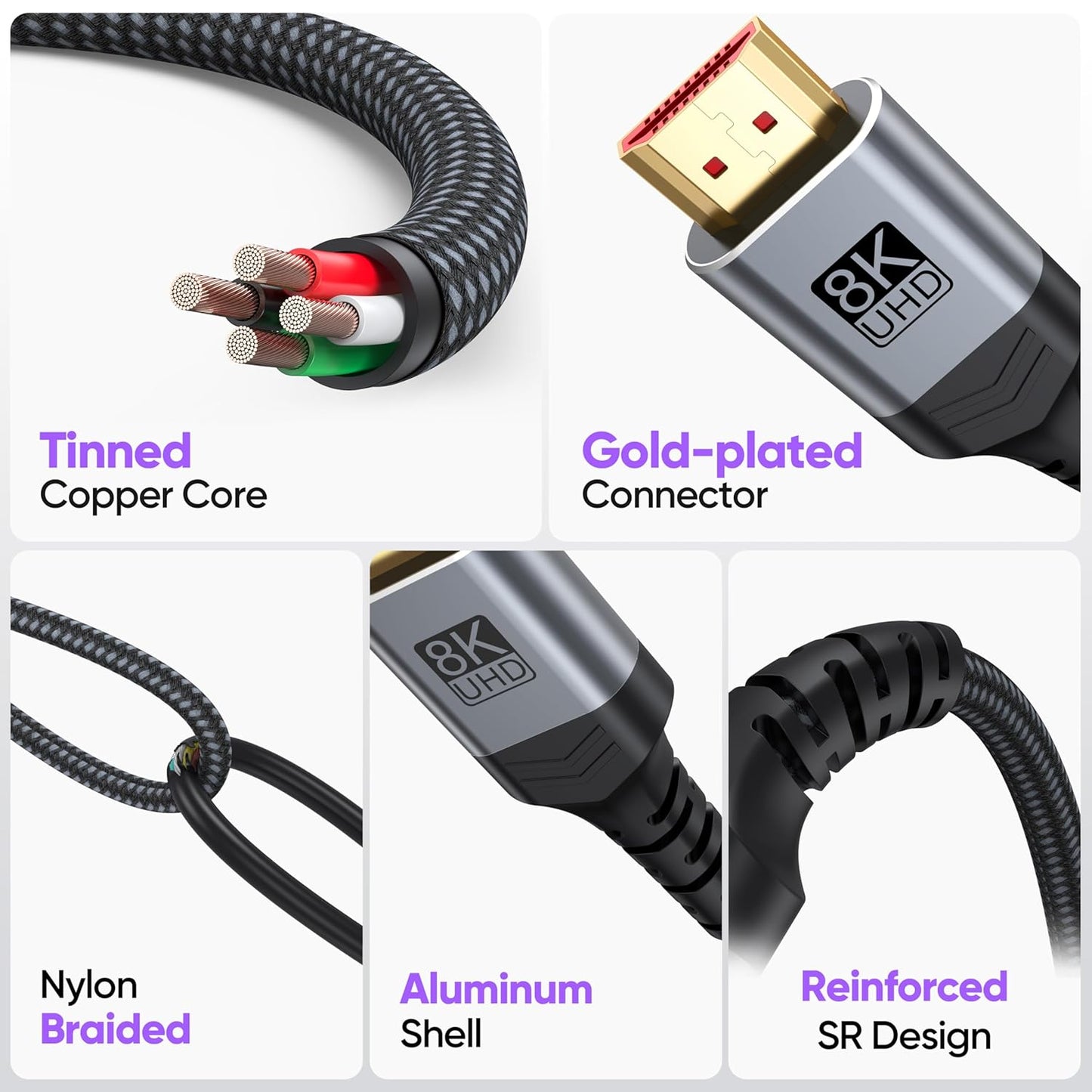 Vorothin 8K 6FT 5-Pack, 48Gbps 2.1 CL3 4K@120Hz/144Hz 8K@60Hz, HDR10, HDMI Cable High Speed Braided HDMI Rated Cord
