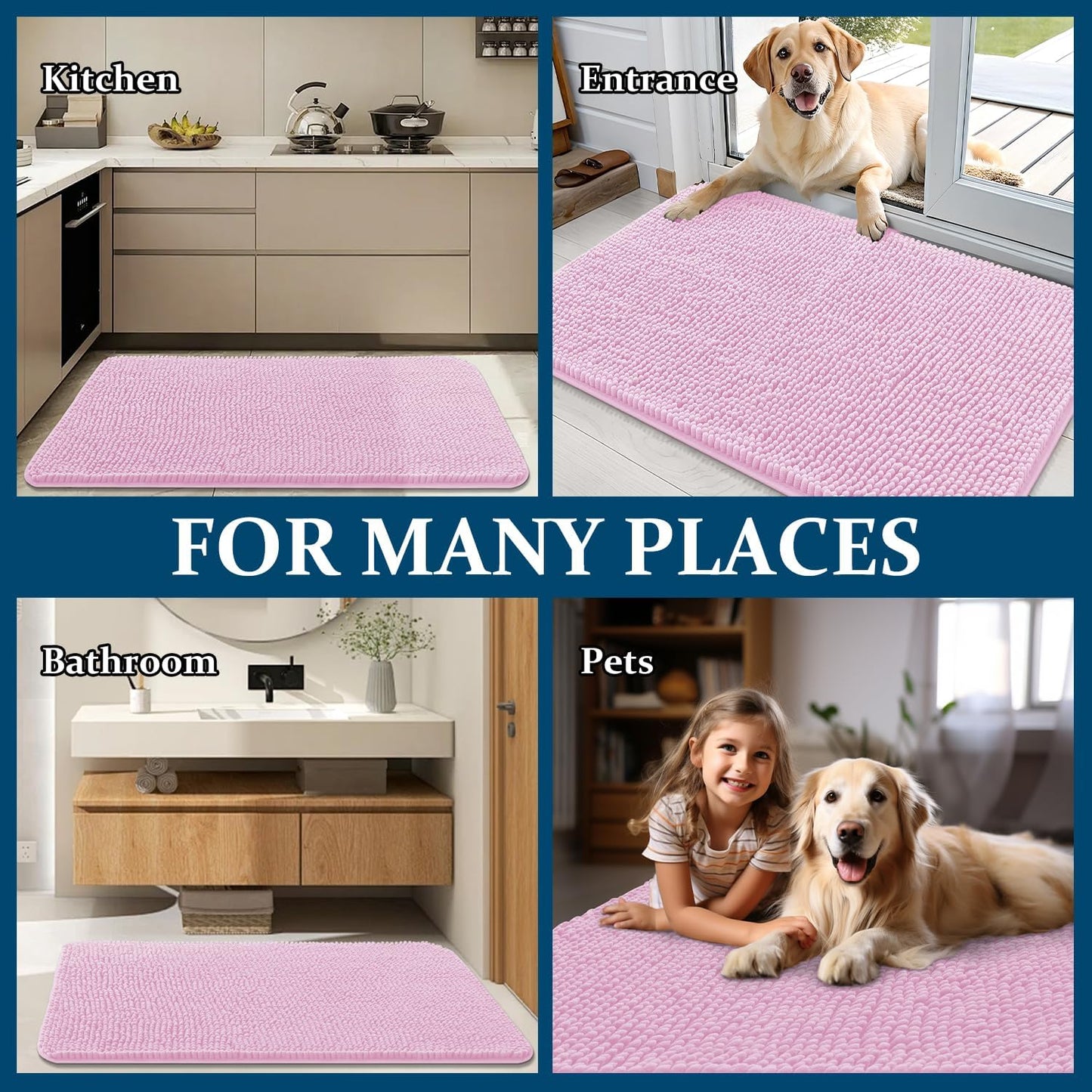 OLANLY Dog Door Mat - Absorbent Non-Slip Chenille Mat for Muddy Paws | 59x32 Inches, Quick Dry, Pink