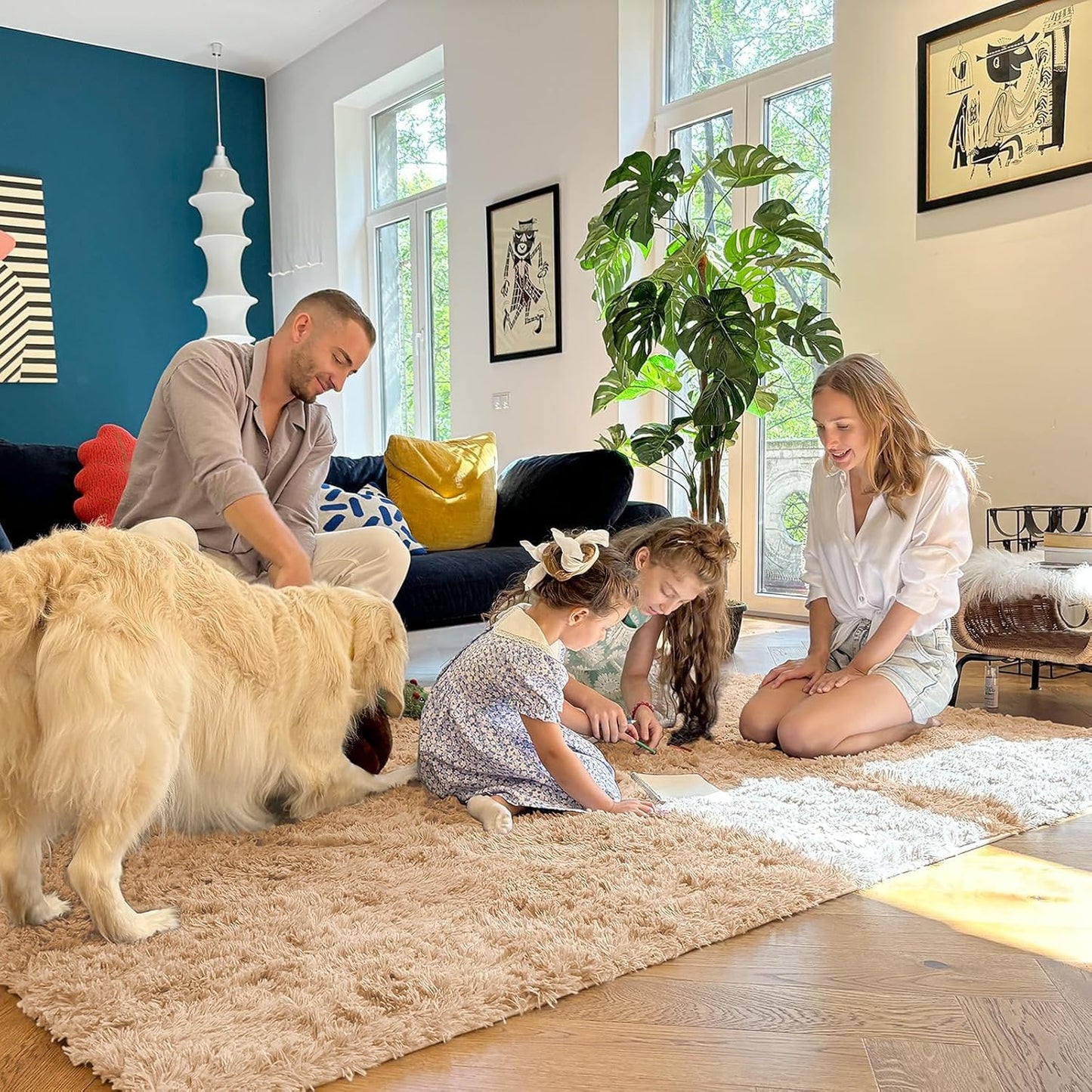 OLANLY Large Area Rug - Soft Fluffy Shaggy Carpet for Living Room & Bedroom | 7x7 ft, Beige