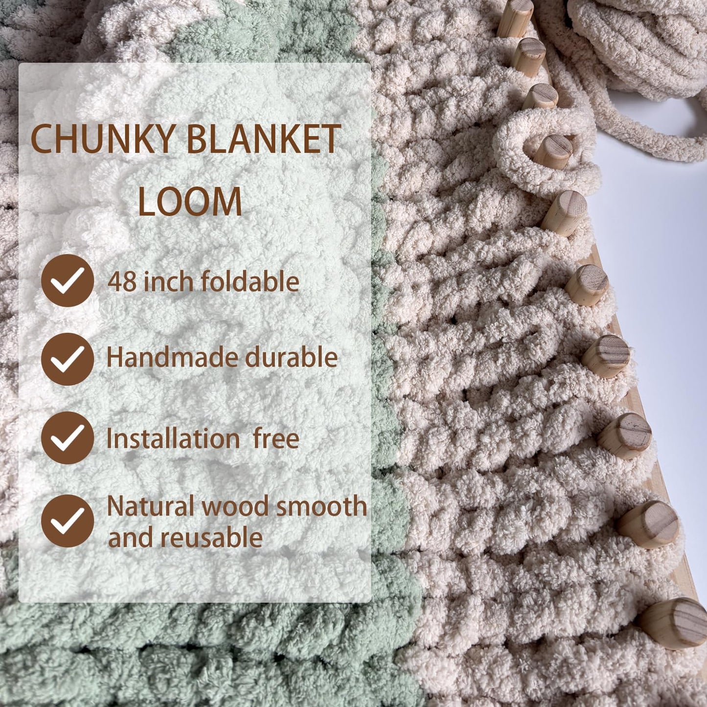 whewinhie Chunky Blanket Loom Wooden Knitting Looms, Extra Large Adjustable Foldable Design, Installation Free Chunky Blanket Making Tool 48 Inch