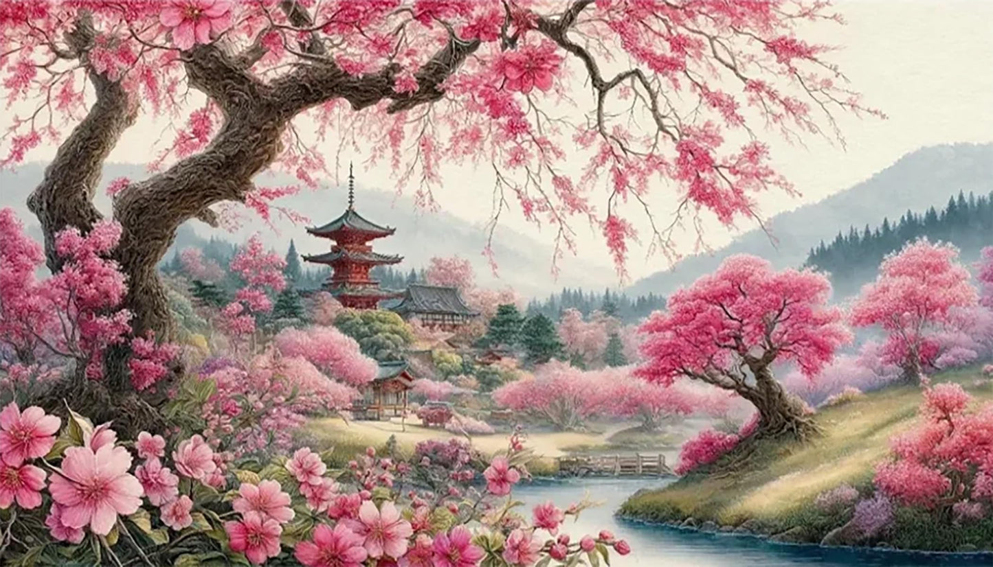 Large Diamond Art Kits for Adults, Cherry Blossoms Flower Diamond Art Painting Kits for Adults, 5D DIY Full Drills Mountain Sakura Craft for Gifts, Home Wall Decor 15.7" x 27.6", Extra Large Size