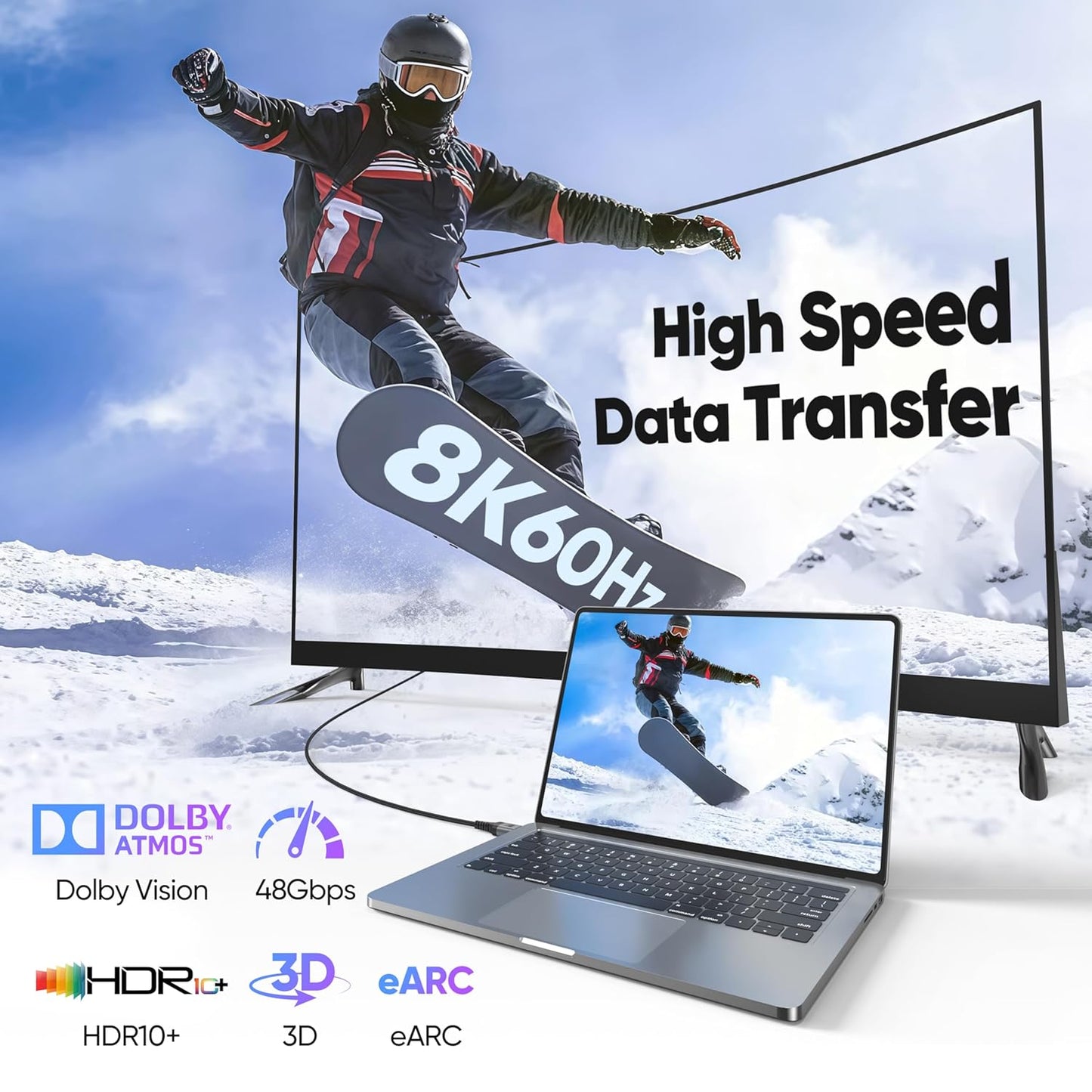 Vorothin 8K 3 2-Pack, 48Gbps 2.1 4K@120Hz/144Hz 8K@60Hz, HDR10 2.2/2.3 PS5, HDMI Cable FT High Speed HDMI Cable, eARC