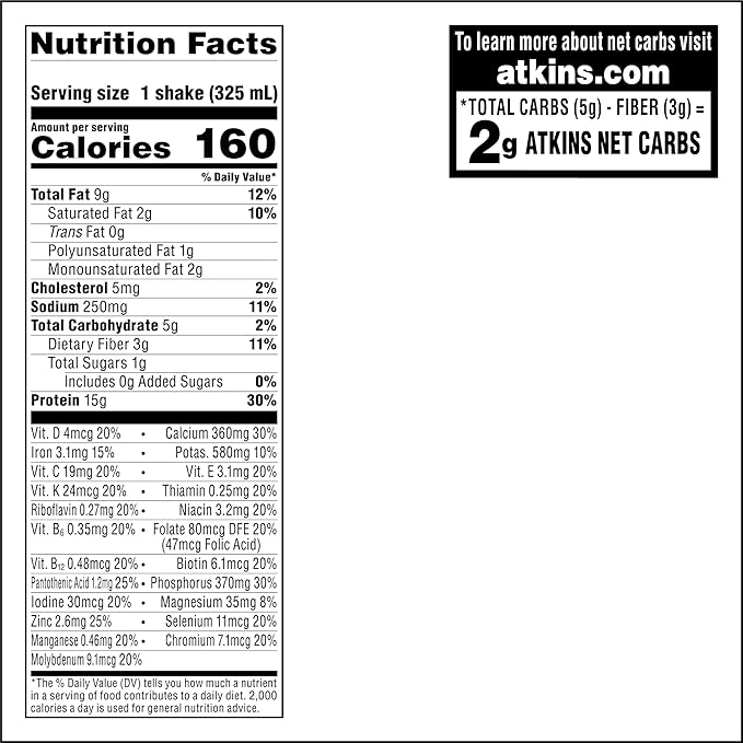 Atkins Milk Chocolate Delight High Protein Shake, 15g Protein, Low Glycemic , 2g Net Carb, 1g Sugar, Keto Friendly , Chocolate Flavored Protein Shakes, 12 Count
