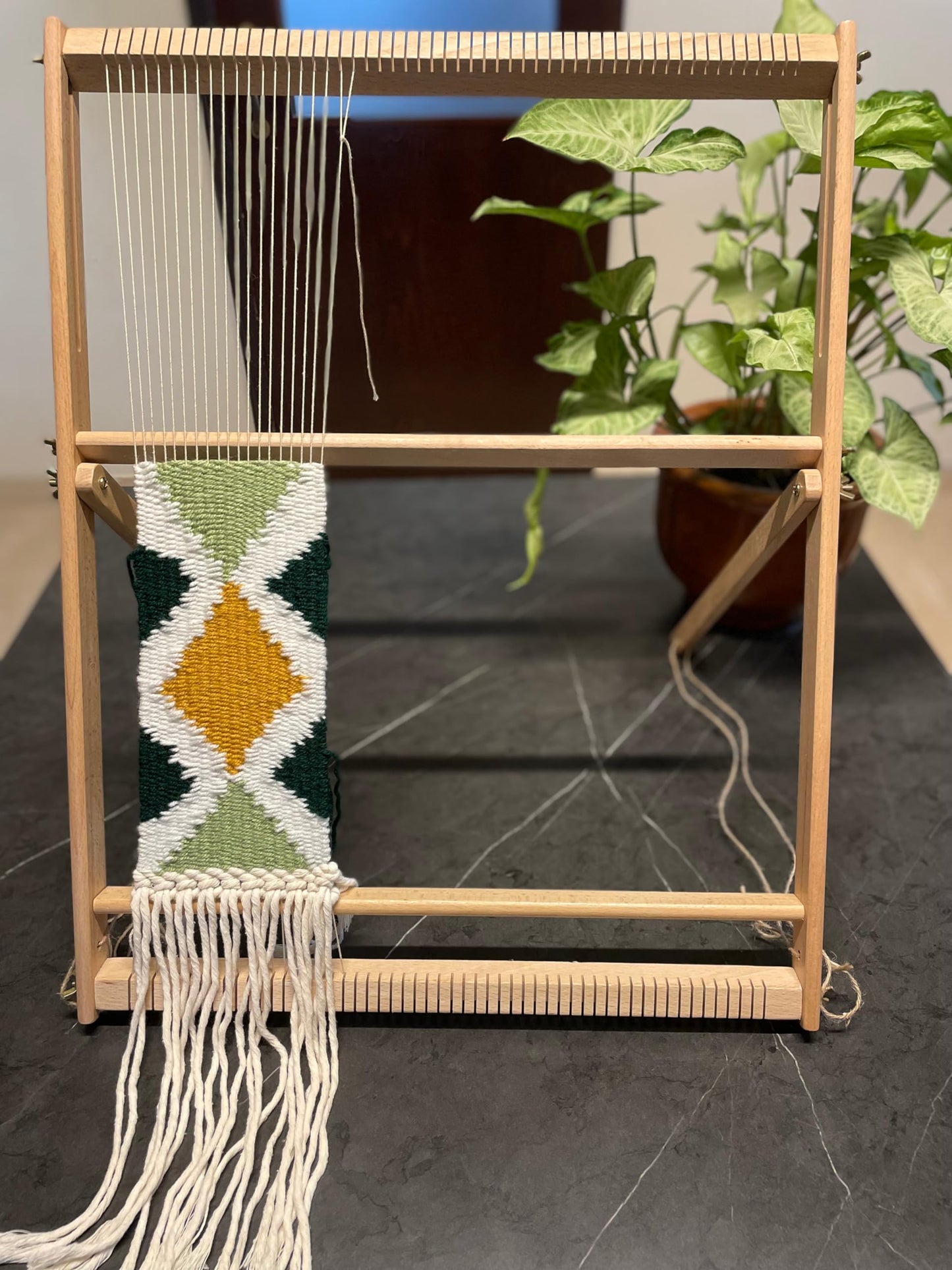 Fireside Crafts Solid Wood Table-top Weaving Loom, 25.2" H x 19.3" W Extra Large Frame, Solid Maple with Sturdy Metal fastenings, Comb, Shuttle, Hanging Rod, Weaving Loom for Aspiring hobbyists.