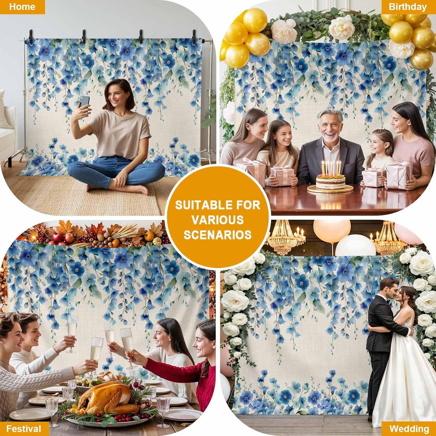 VANPTBNHS 12x8ft Curtain,Country Photography Backdrop,Retro Blue Flowers on Jam Professional Photography Background