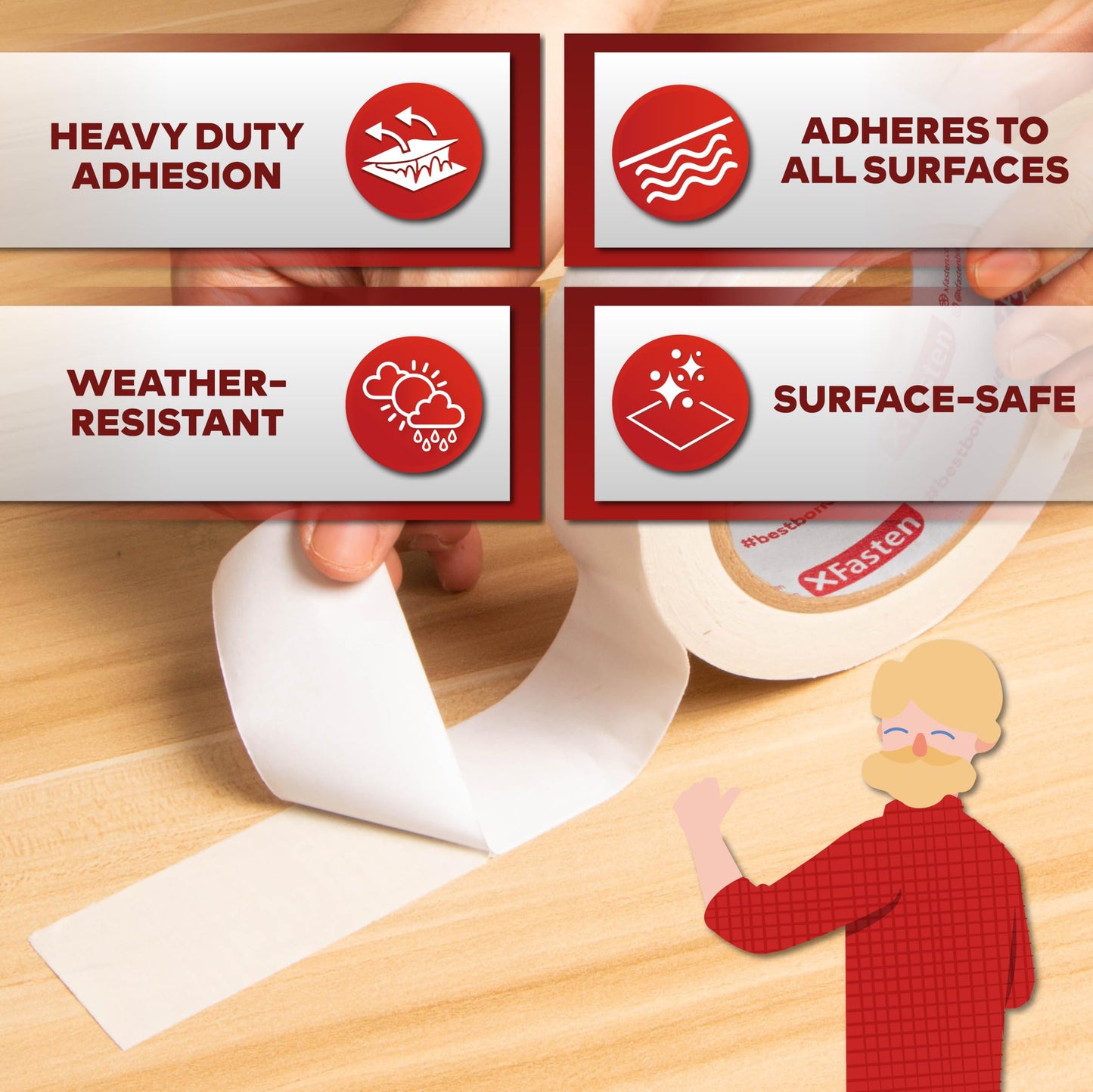 XFasten Tear-by-Hand Double Sided Tape, 2-inch by 30-Yard, Easy Tear for DIY Crafts, Woodworking and Carpet Installation