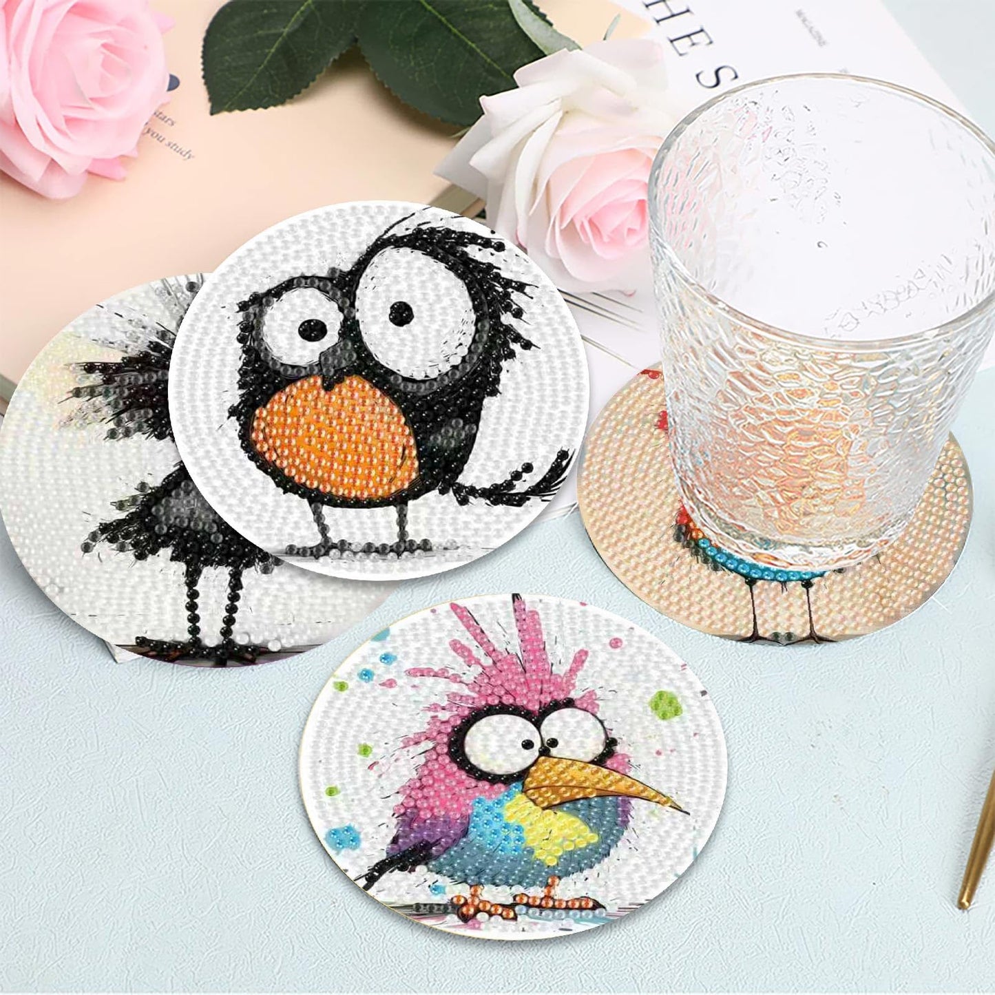 8 Pcs Retro Birds Diamond Art Coasters Kits for Adults with Holder, Cute and Funny Bird Pattern Wooden Diamond Painting Coasters Kits, DIY Diamond Dots Art Painting Coaster Crafts Kit for Home Decor