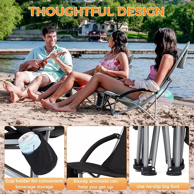 KingCamp Low Beach Chairs, Portable Folding Chair for Adults Extra Wide Ergonomic High Back Seat 300lbs Heavy Duty Lightweight Oversized Gear with Carry Bag for Outdoor Lawn Camping Picnic