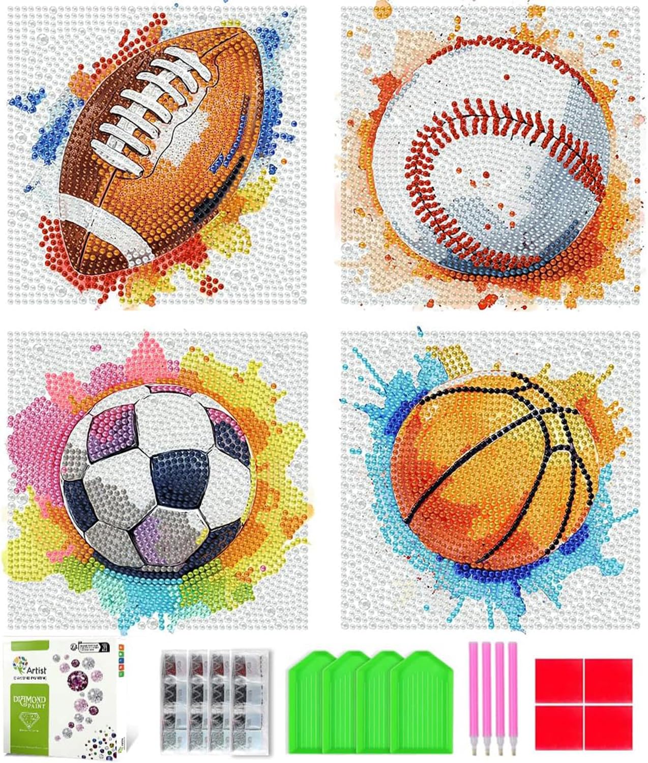 GemZono 4 Pack Diamond Art Painting Kits for Adults, Ball Sports 5D Diamond Painting Dots Art Kits for Adults Beginner, Balls DIY Full Round Gem Crystal Art Paint by Diamond, Home Wall Decor 12x 12 in