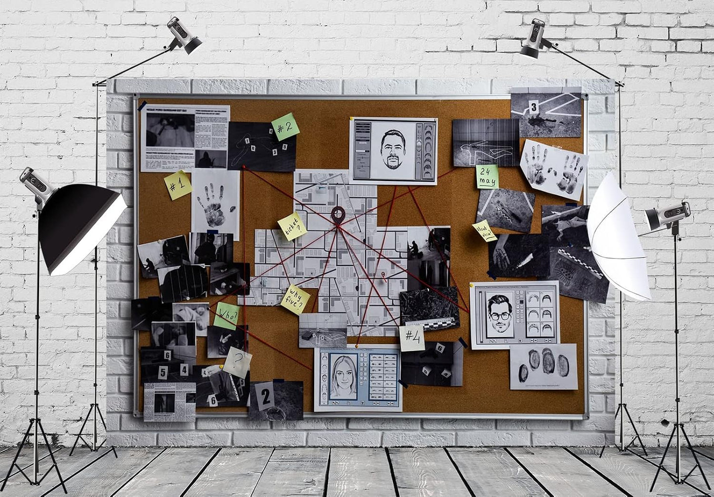 BELECO 8x6ft Fabric Spy Theme Detective Photography Backdrop Detective Board with Crime Scene Photos Fingerprint Clues