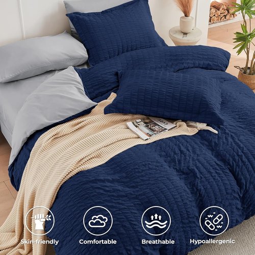 HYMOKEGE Twin XL Comforter Set - Navy Blue & Light Grey Seersucker | 5-Piece All-Season Luxury Bedding Set